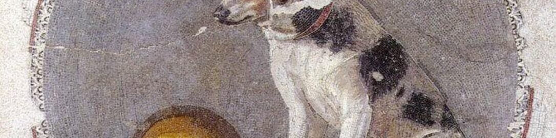 A wonderful mosaic showing a dog with a golden vessel
