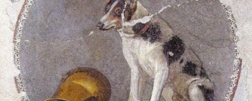 A wonderful mosaic showing a dog with a golden vessel