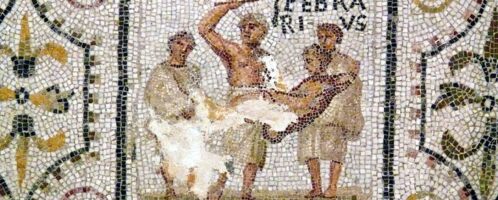 The month of February is depicted on a Roman mosaic from the 1st half of  the 3rd century CE. It is located in the Archaeological Museum of Sousse  (Tunisia).