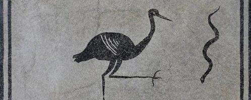 A black and white Roman mosaic showing a stork