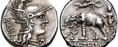 Denar Cecyliusza Metellusa Caprariusa. Rewers przedstawia triumf jego przodka Lucjusza Cecyliusza Metellusa oraz słonie schwytane pod Panormus.