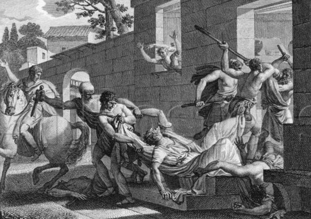 A drawing showing the death of Clodius