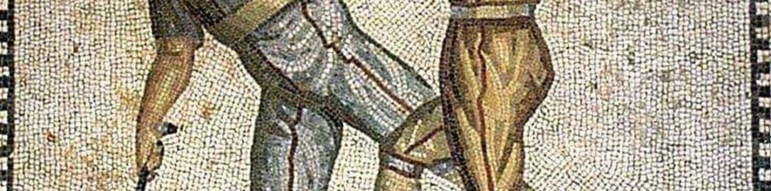 Roman mosaic showing the fight of gladiators