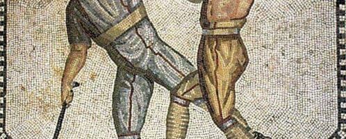 Roman mosaic showing the fight of gladiators