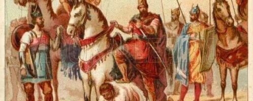 Perski król Szapur I używający byłego cesarza Waleriana jako podnóżek podczas wsiadania na konia
