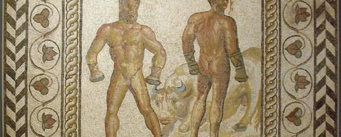 A mosaic showing a boxing duel