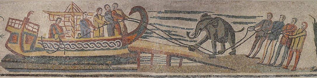 Roman mosaic showing elephant loaded onto ship