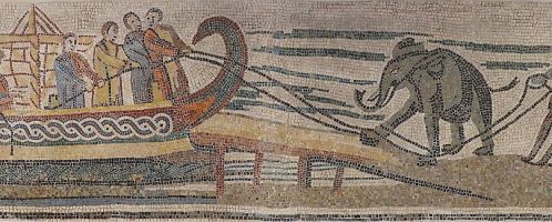 Roman mosaic showing elephant loaded onto ship