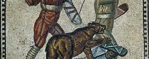 Fighting a wild animal on a mosaic