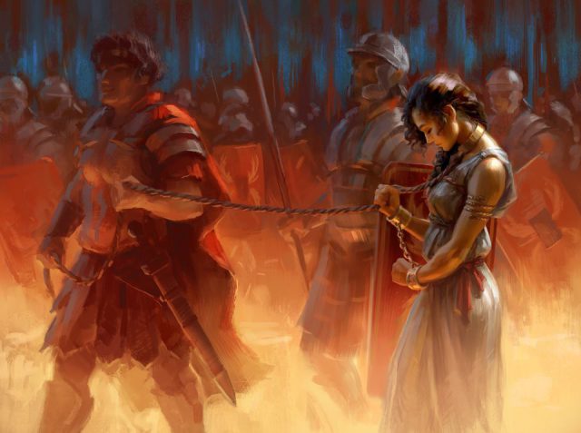 Grafika ukazująca Septymię Zenobię, która zakuta w ciężkie złote kajdany, brała udział w triumfie cesarza Aureliana w 274 roku n.e.