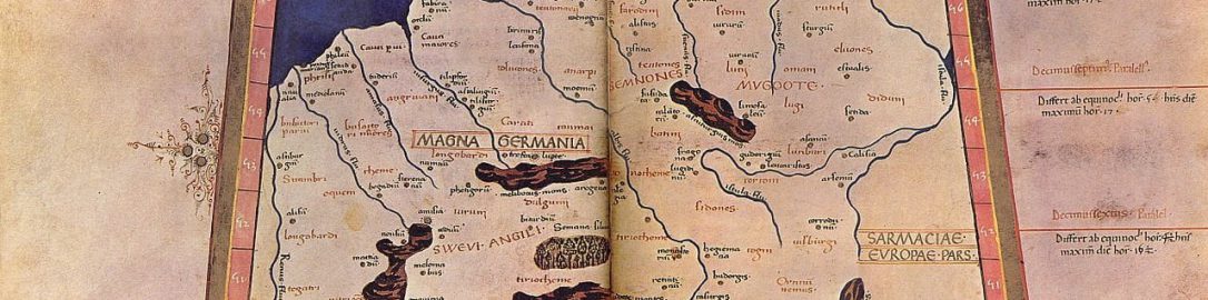 15th-century copy of the map of Germania according to the image of the Romans from the 2nd century CE, the author of the ancient map was Claudius Ptolemy