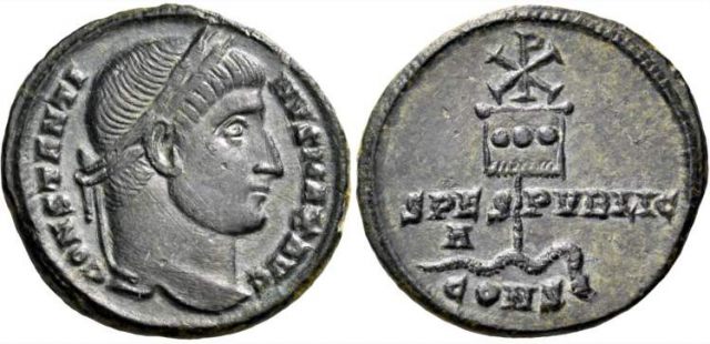 Coin of Constantine the Great with the labarum visible on the reverse