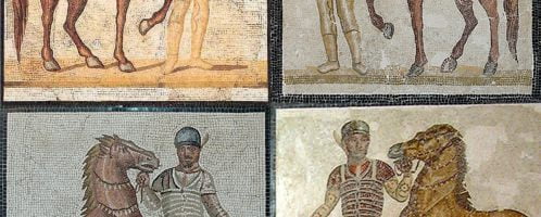 Roman mosaics of horsemen from each team