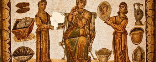 Roman mosaic showing woman during morning restroom