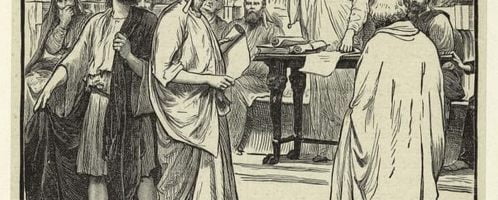 Court scene in old Rome expulsion of the Sophists