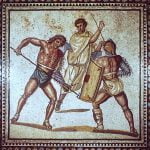 Roman mosaic showing the fight between gladiators and a referee