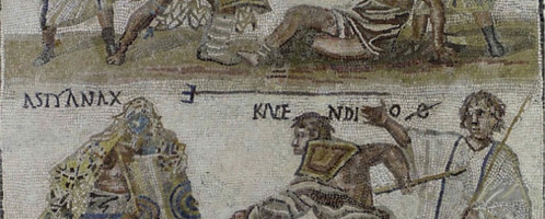 Mozaika rzymska ukazująca walkę gladiatorów secutora i retiariusa