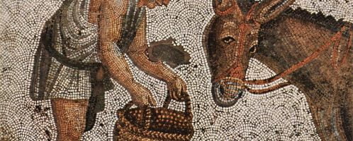 Mosaic showing feeding donkey