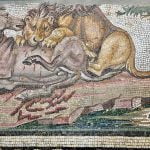 Roman mosaic showing lion biting horses