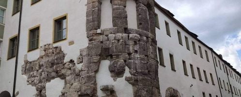 Ruins of Roman fort built into contemporary building