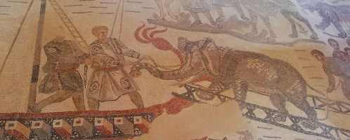 Roman mosaic depicting the scene of an elephant being boarded or unloaded