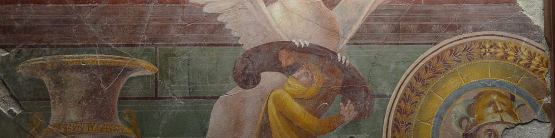 Rzymski fresk z Willi Misteriów w Pompejach, ukazujący przedstawiciela ludu Arimaspów, który podkrada złoto gryfowi