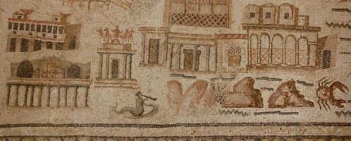 Ancient buildings on Roman mosaic