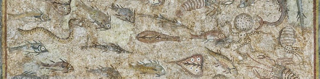 Roman mosaic showing large number of different species of fish and marine animals