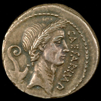 Roman silver denarius showing Caesar