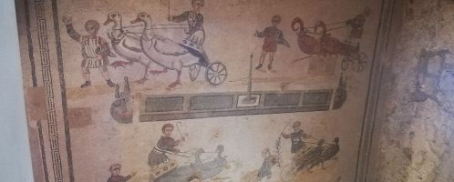 Interesting Roman mosaic showing chariot race performed by children