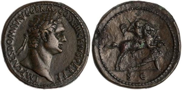 Cesarz na koniu pokonuje i uderza włócznią personifikację Germanii