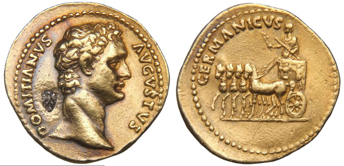 Moneta ukazująca Domicjana w trakcie triumfu