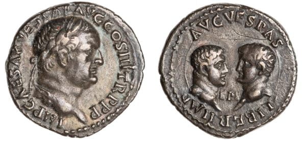 Na awersie popiersie cesarza Wespazjana, na rewersie Tytus i Domicjan jako synowie cesarza oraz przyszli następcy tronu