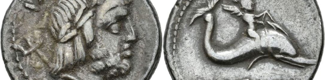 Amor i Neptun na rzymskiej monecie