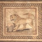 Rzymska mozaika ukazująca lwa i głowę byka