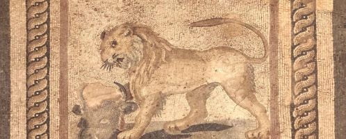 Roman mosaic showing lion and bull's head