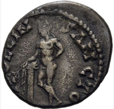 Reverse of the coin with the legend APOLLINI SANCTO, naked Apollo leaning against a column, leaning against a column, holding a laurel wreath in his right hand