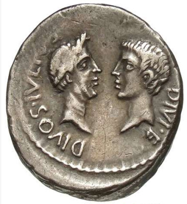 Denarius depicting the head of the divine Julius Caesar and Octavian Augustus
