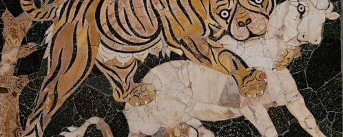 Mosaic showing tigress attacking calf