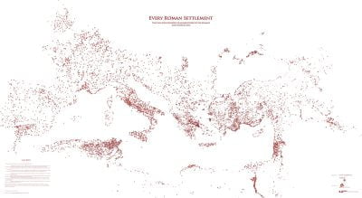 Mapa ukazująca w sumie 11 655 osad rzymskich