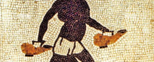 Roman mosaic showing man carrying water dishes