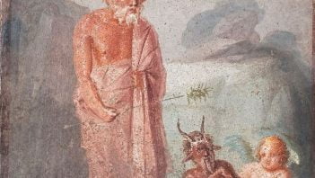 Rzymski fresk ścienny ukazujący Silenusa i walkę Amora z Panem
