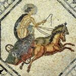 Fragment of Roman mosaic showing goddess Luna on chariot