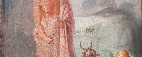 Rzymski fresk ścienny ukazujący walczącego Amora z Panem