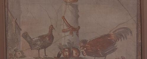 Hen and rooster pecking at fruit in Roman fresco