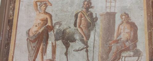 Roman fresco showing centaur Chiron, Apollo and Aesculapius