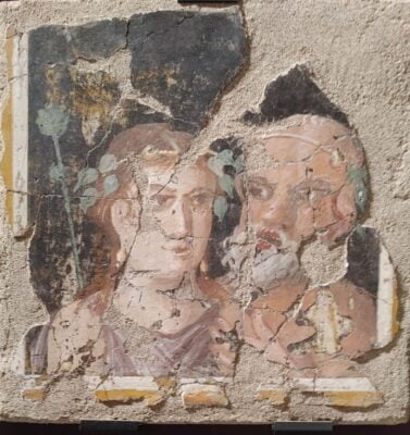 Zachowany we fragmentach fresk ukazujący Menadę i Satyra