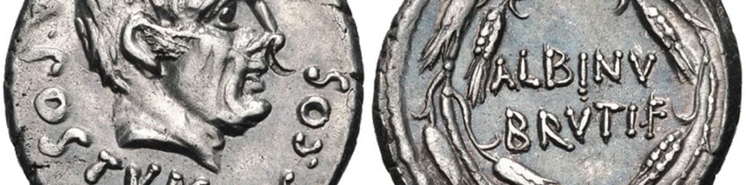Denar Decymiusza Brutusa ukazująca konsula Aulusa Postumiusza Albinusa, jego przodka
