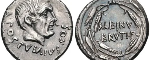 Decimius Brutus' denarius showing the consul Aulus Postumius Albinus, his ancestor