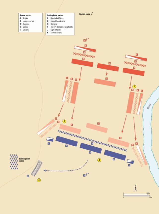 The Battle of Ilipa from 206 BCE. The course of the double flanking of the Carthaginian army by the Roman army under the command of Scipio Africanus